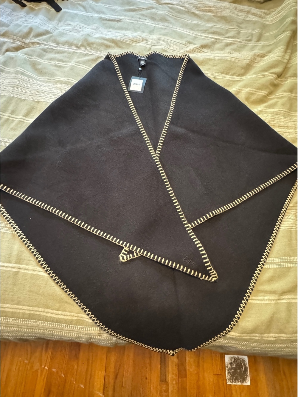 Echo New York Black Wool Blend Wrap Poncho with Contrast Stitching NWT
